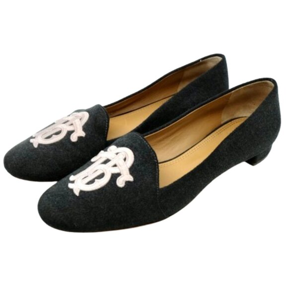 TORY BURCH~GRAY ANTONIA TEXTILE PINK EMBROIDERY LOGO LOAFERS FLATS SHOES Sz 8 - Picture 1 of 6